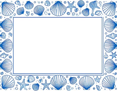 Blue seashell frame on white
