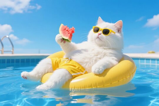 White cat wearing sunglasses, lounging on a yellow float in a pool while holding a slice of watermelon.