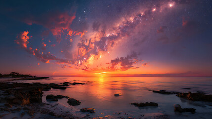 Spectacular Milky Way Over a Calm Ocean at Sunset