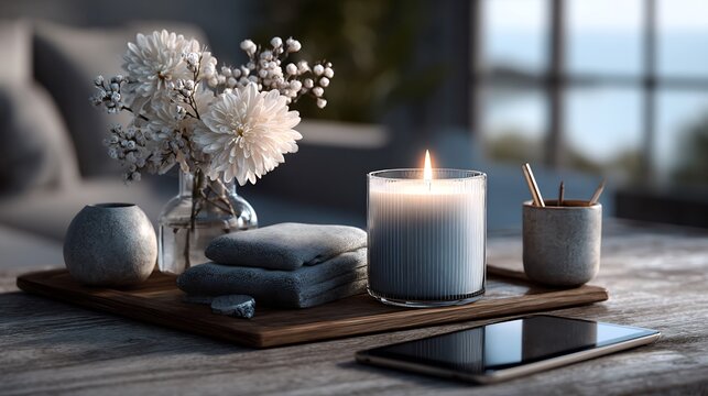 Experience the calming ambiance of a lit candle with spa elements for tranquil relaxation at home