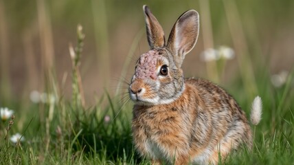 Fototapeta premium Wildlife photo of an Eastern Cottontail rabbit in Minnesota showing horn-like growths from Shope papillomavirus, captured in natural detail.