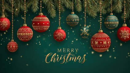 Christmas ornaments, red and teal, hanging on a teal background with pine branches and golden beaded strings.  "Merry Christmas" text in a gold script font