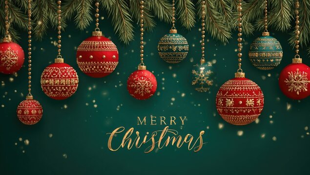 Christmas ornaments, red and teal, hanging on a teal background with pine branches and golden beaded strings.  "Merry Christmas" text in a gold script font