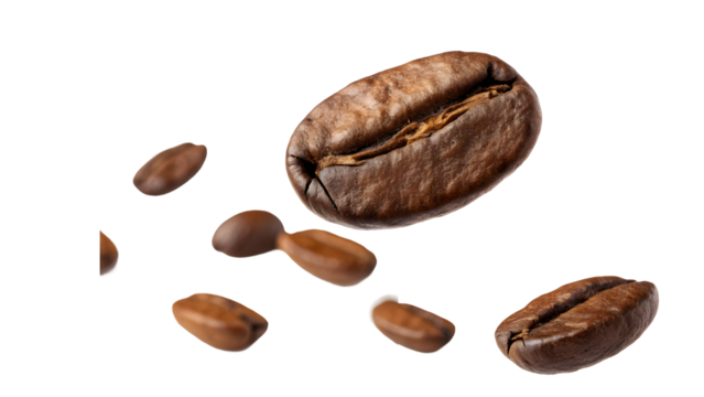 Coffee beans piece isolated on transparent background PNG with clipping path, perfect for digital design, branding, wallpapers, posters, and print materials
