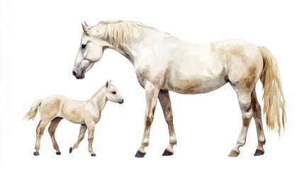 White mare standing with her foal, a lovely image of motherhood in the animal world