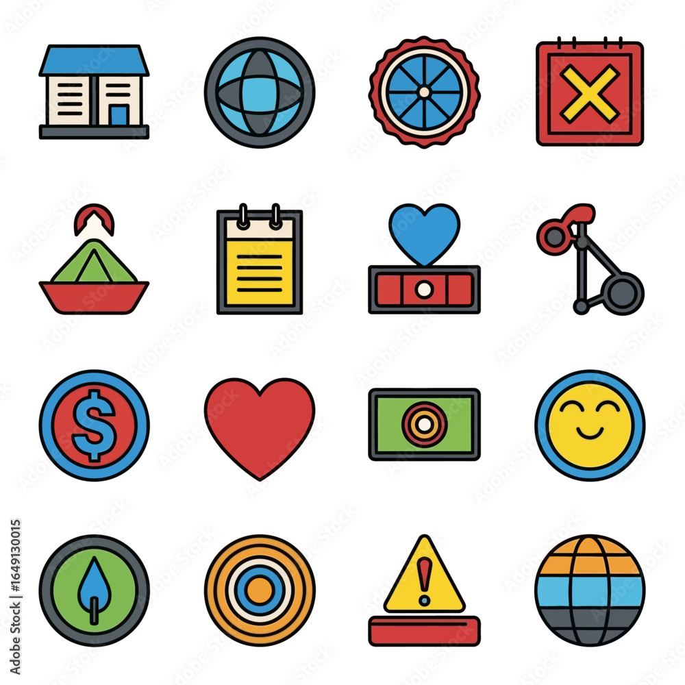 Poster assorted icons display various objects on white background