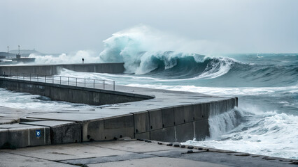 Huge ocean wave crashing against concrete pier in stormy weather, dramatic seascape with rough water and strong wind for nature and marine themes