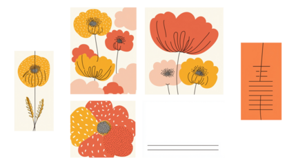 Bold modern floral graphic transparent image set. Abstract flower illustrations isolated cutouts. Red orange poppy blossom retro cut outs cliparts design elements png collection