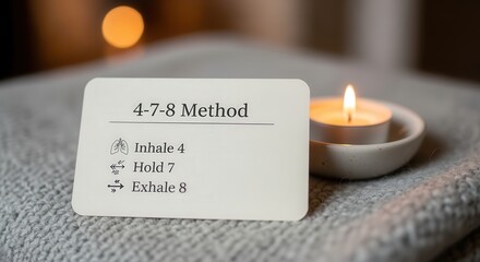 Calm candlelit 4-7-8 breathing technique card on blanket