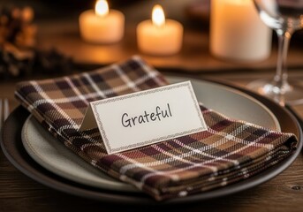 Cozy Thanksgiving table setting with grateful card and candlelight