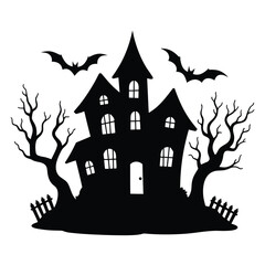 Black silhouette of a haunted house with bats and dead trees