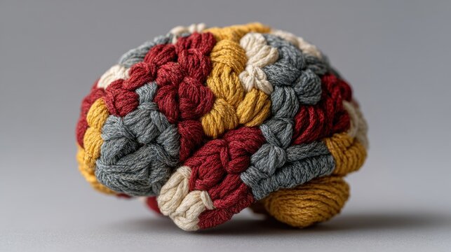 A colorful and textured sculpture resembling a brain, composed of fabric and various hues, creating a unique artistic representation.