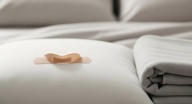 Minimalist composition with a single strip of mouth tape placed on a white pillow, blurred bedding background