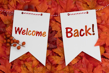 Welcome Back on pennant paper tags with fall leaves