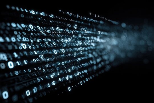 Binary code stream in motion.  Dark background with many light blue/gray binary digits flowing diagonally across the image