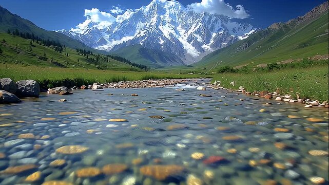 Crystal clear mountain stream flowing through lush green valley with snow capped peaks and clear water under blue sky