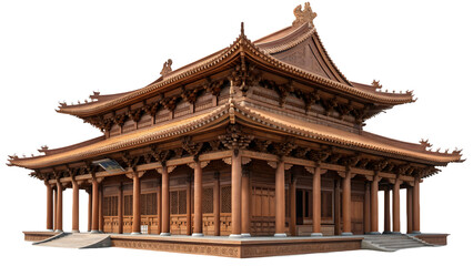 Fototapeta premium Ornate brown temple building with architectural details isolated on transparent background PNG, ideal for digital design, branding, wallpapers, posters, and print materials 