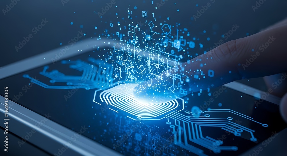Poster fingerprint authentication on tablet with digital circuitry and glowing blue particles