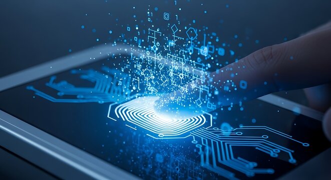 Fingerprint Authentication on Tablet with Digital Circuitry and Glowing Blue Particles