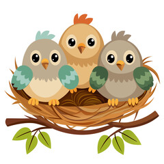Obraz premium Three cute baby birds sitting together in a cozy nest on a branch