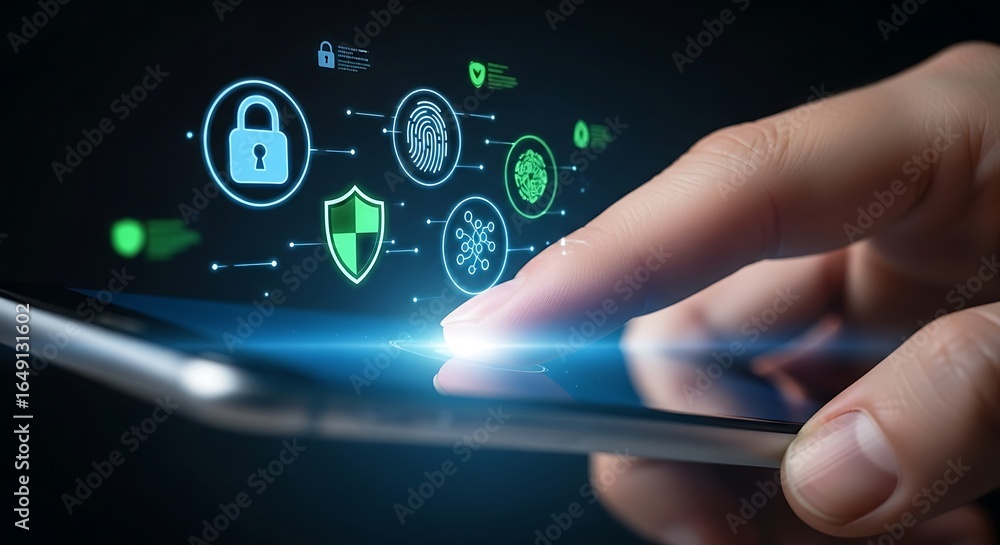 Poster fingertip accessing digital security system on smartphone