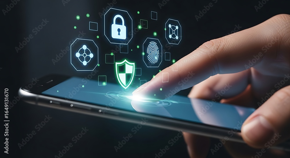Aufkleber fingertip touching smartphone display with security icons