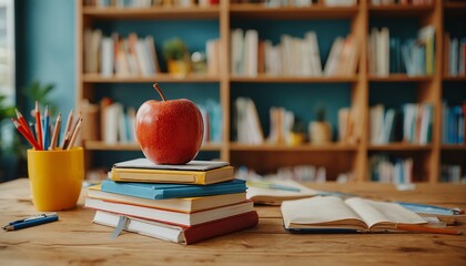 a still life depicting a red apple atop a stack of books on a wooden desk with colored pencils in a jar and an open book nearby, all set against a backdrop of a fully stocked bookshelf.