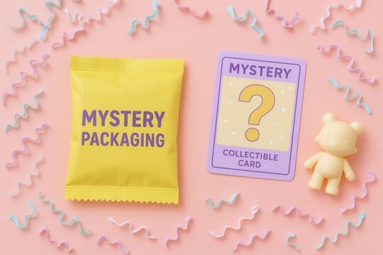 Mystery packaging with collectible card and toy on pastel background