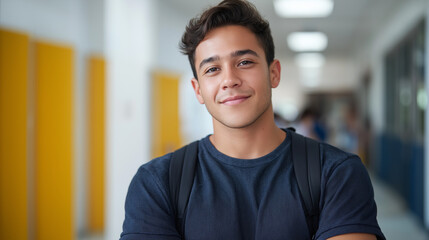 Obraz premium Smiling Latin student in a bright high school corridor