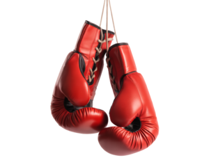 Vintage red leather boxing gloves hanging ready for the next fight promoting strength, determination, and a winning attitude in sports