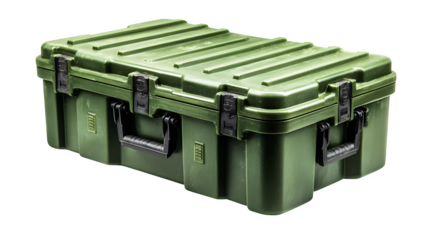 Military-style green plastic storage case isolated on white
