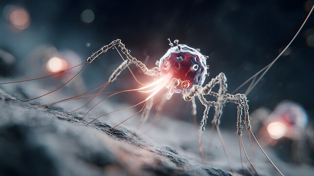 3 D cinematic rendering of a microscopic bacteriophage virus with glowing red core and mechanical legs attached to a textured surface