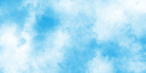 Blue pastel sky with white fluffy cloud cumulus clouds background, colorful bright ink blue and white watercolor texture, hand painted abstract soft sky blue watercolor sky and clouds.