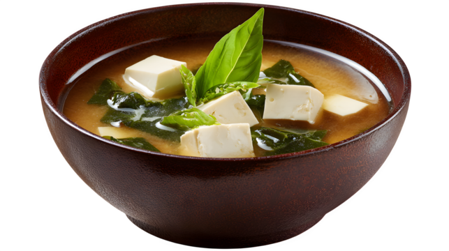 Miso soup with tofu in brown bowl isolated on white