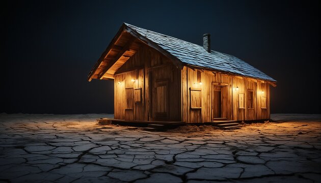 a weathered wooden cabin glows warmly against a cracked, desolate landscape under a dark night sky.