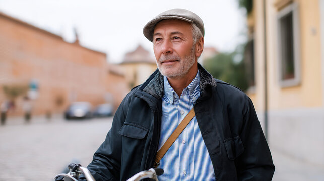 A stylish senior man enjoying a stroll with his bicycle in the city - Powered by Adobe