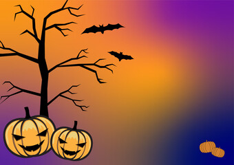 Holloween theme with pumpkins, tree and flying bats.
