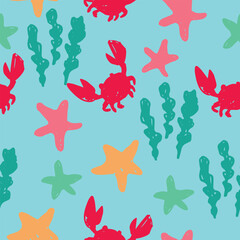 Sea Life Vector Hand Drawn Colorful Seamless  Pattern Summer Design 