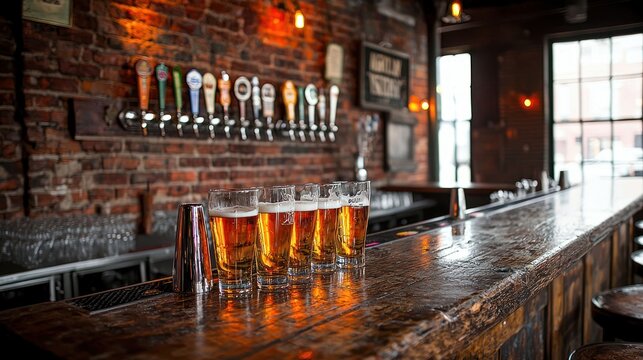 Bar with beer taps, rustic wood, and amber beer