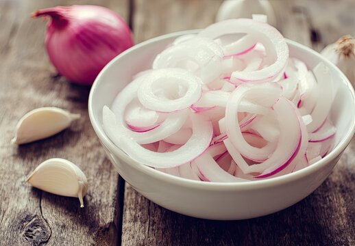 Thinly sliced red onions in a white bowl, with whole onions and garlic