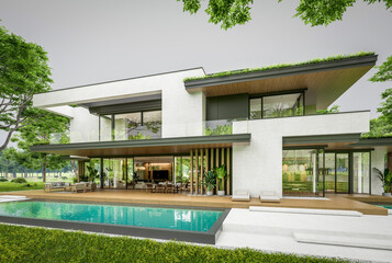 3d rendering of two-story house with parking and pool for sale or rent with concrete facade and beautiful landscaping. Cloudy white sky overcast, soft shadows