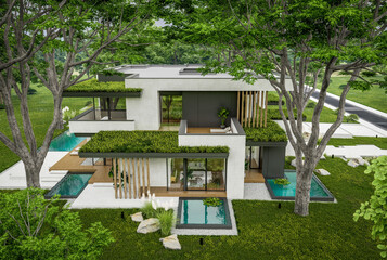 3d rendering of two-story house with parking and pool for sale or rent with concrete facade and beautiful landscaping. Cloudy white sky overcast, soft shadows