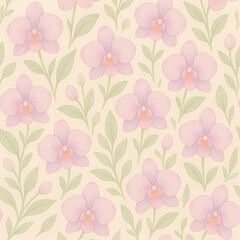 A seamless pattern of delicate pink phalaenopsis orchids with green leaves and buds on a light background.