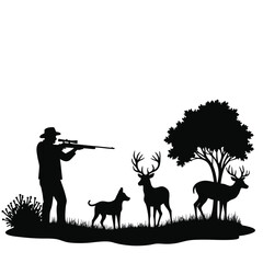 Hunter aims rifle at deer with dog and tree silhouette