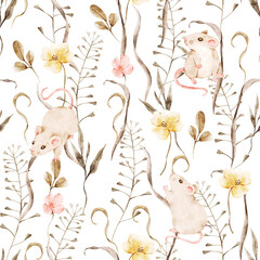 Watercolor seamless pattern with cute mice, meadow flowers and herbs. Hand drawn background for textile, fabric, wrapping, packaging, scrapbooking, wallpaper, kids and cozy rustic countryside decor.