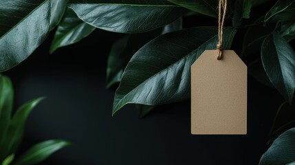 Blank tag hangs amidst lush leaves