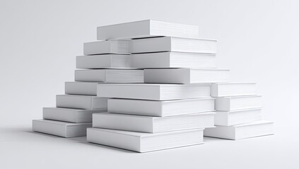Abstract stacks of white books form a stylized A shape