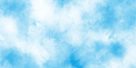 Blue pastel sky with white fluffy cloud cumulus clouds background, colorful bright ink blue and white watercolor texture, hand painted abstract soft sky blue watercolor sky and clouds.