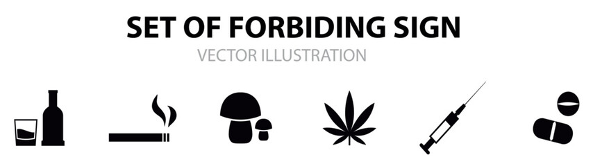 set of red forbidden sign , prohibition signs , Collection of vector icons forbidden dangerous actions: smoking, alcohol, food and drink, do not take drugs. vector illustration.  vector illustration