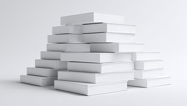 Abstract stacks of white books form a stylized A shape